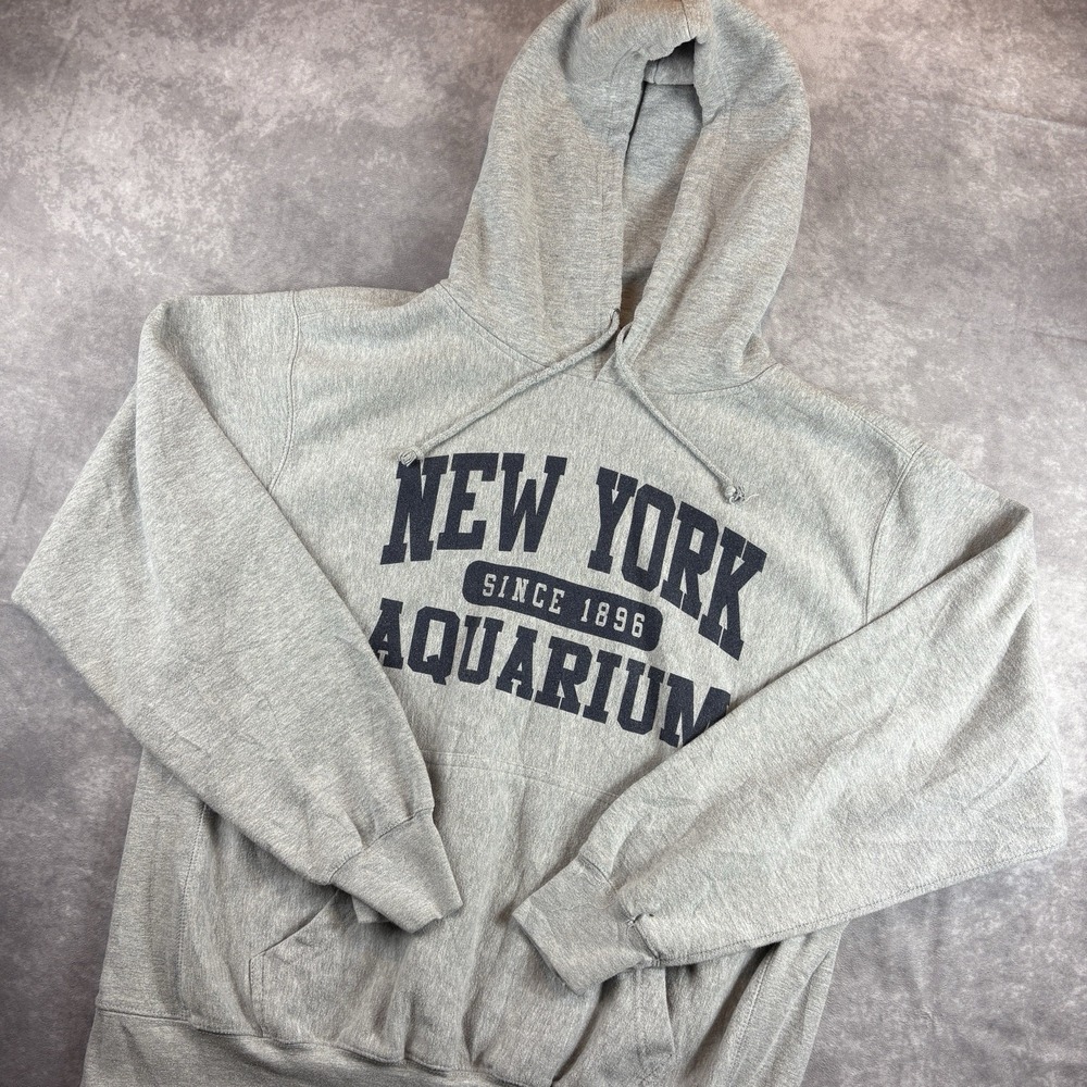 Vintage New York Aquarium Hoodie Mens L Grey MV Sport Pro-Weave Y2K